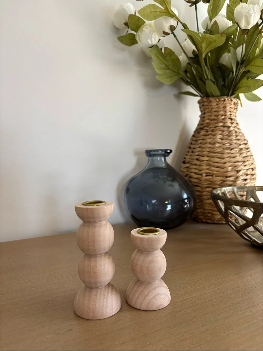 Amazon set of 2 Hand-Carved Wooden Stacked Ball Candle Holders